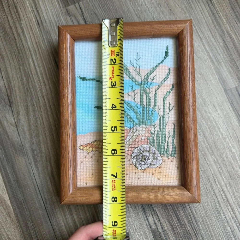 Vintage Framed Cross Stitch Beach Shells Sea‎ Grass Coastal Wall Art Oak Frame